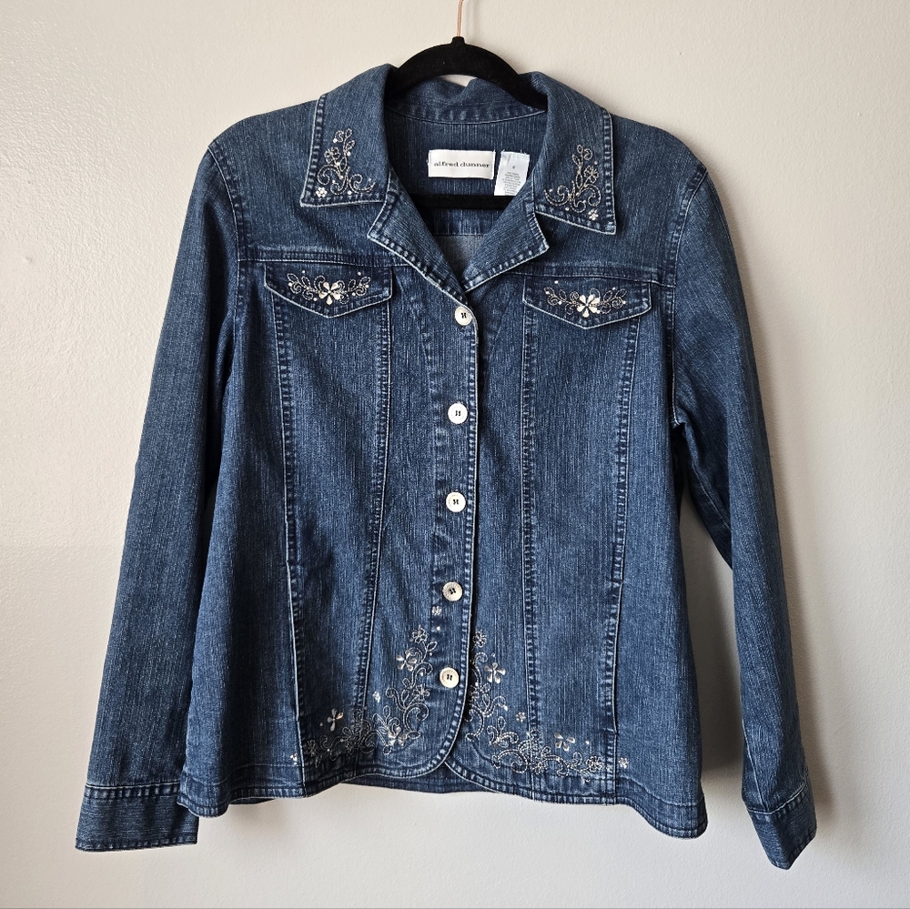 Alfred Dunner Embroidered Denim Jacket Faux Pockets Blue Floral Rhinestone
